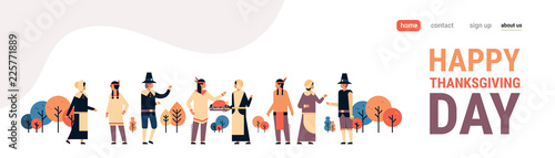 native american indian people thanksgiving day celebrating concept men women group wearing traditional clothes communication male female cartoon character full length isolated horizontal copy space
