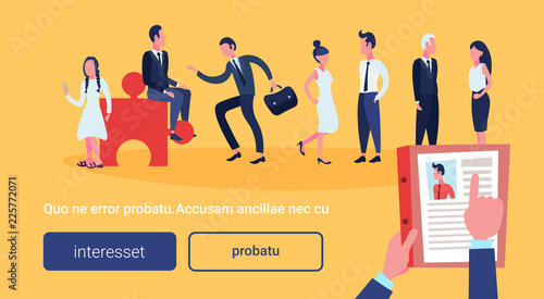 hr hand hold cv resume of businessman over group business people choose candidate for vacancy job position recruitment concept man woman cartoon character horizontal copy space flat vector