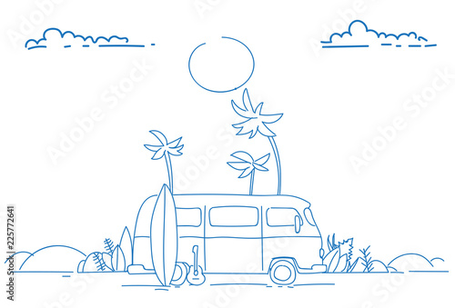 surf bus sunset tropical beach retro surfing vintage summer vacation greeting card horizontal poster sketch doodle hand drawn vector illustration