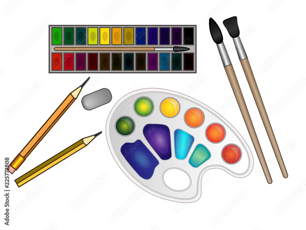 Artist paint palette with brush, art materials - Stock