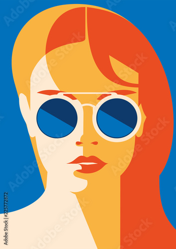 Fashion portrait of a model girl with sunglasses. Retro trendy colors poster or flyer.