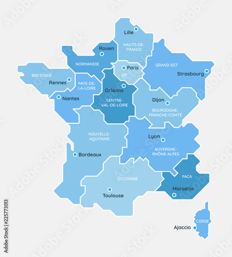 Carte de France, des régions et des principales villes Stock Vector