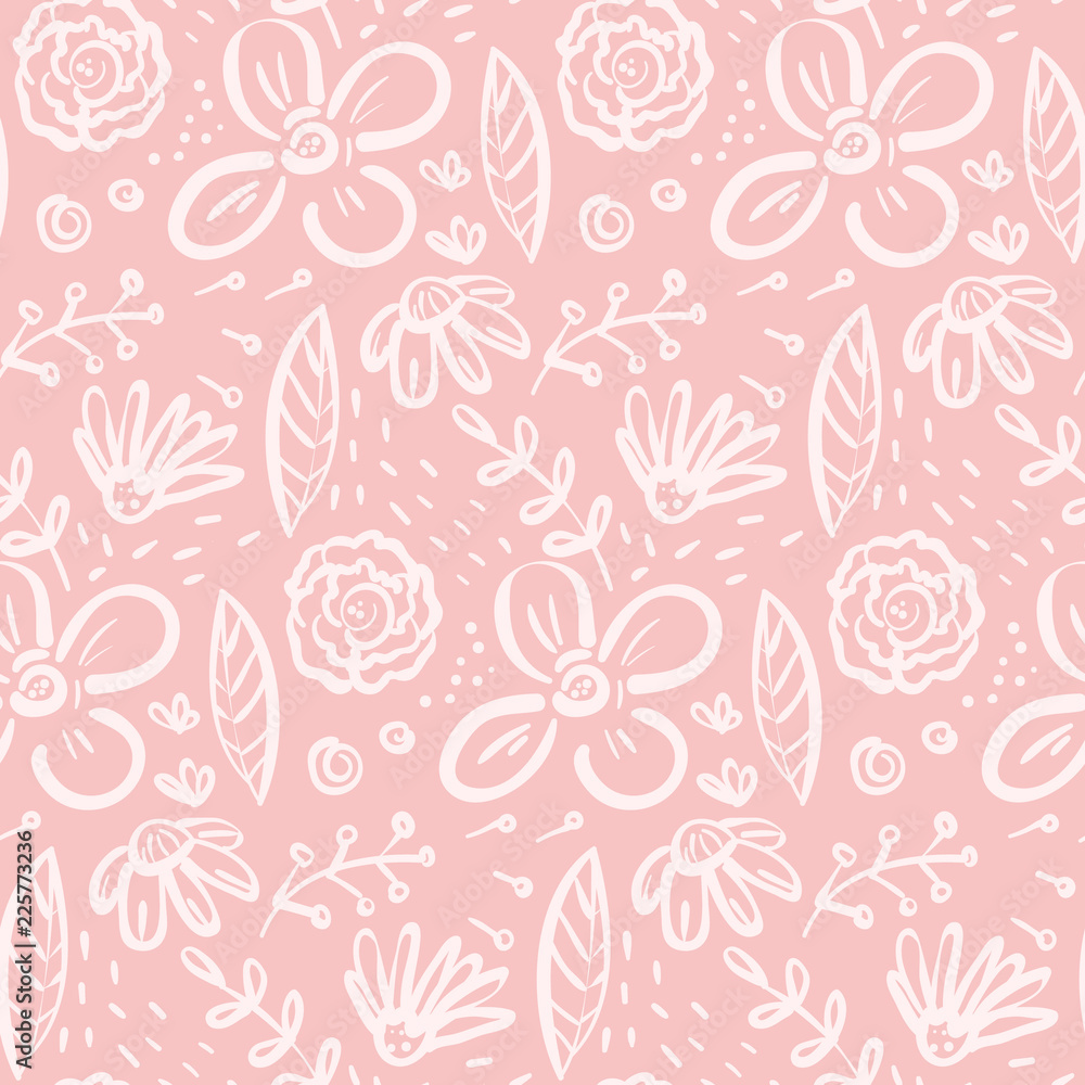 Funny pink seamless pattern with big doodle floral elements. Lovely ...