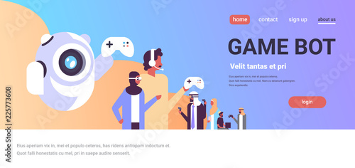 arabic people in vr glasses playing game bot controller gamepad in virtual reality headphones team flat horizontal copy space vector illustration