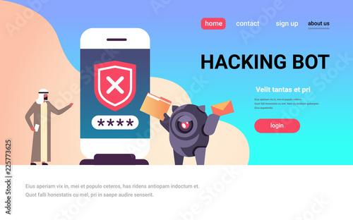 arabic man incorrect password hacking bot smartphone verification mobile security app access concept horizontal flat full length copy space vector illustration