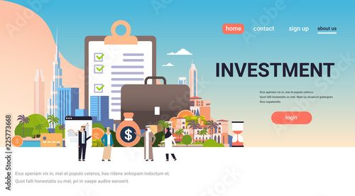 checklist survey investment property business concept money graph buildings finance investments arabic people communication horizontal flat copy space vector illustration