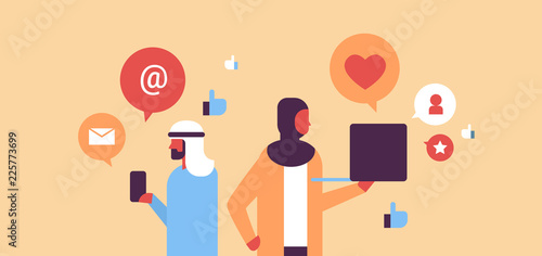 arabic couple man woman social media icons concept online chat communication using gadget flat horizontal portrait vector illustration
