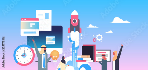 arabic business people launching new startup project space rocket start up creative innovation flat horizontal portrait vector illustration