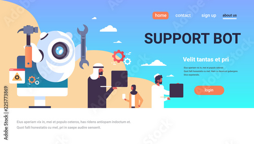 support bot robot wrench service repair concept artificial intelligence arabic people using gadgets flat horizontal copy space vector illustration