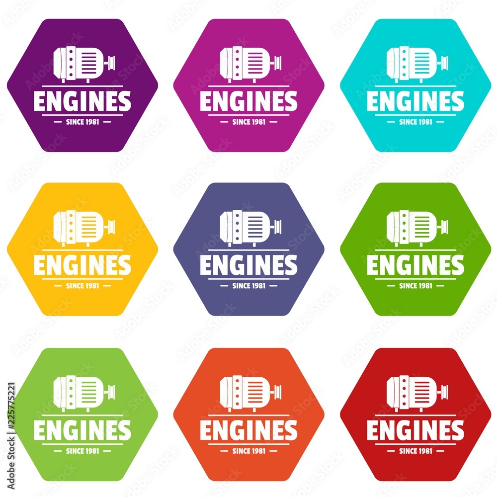 Engine icons 9 set coloful isolated on white for web