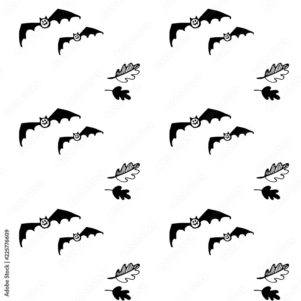 Halloween seamless black and white vector pattern with bats and leaves. Good for packaging design, halloween packaging paper, thematical background.