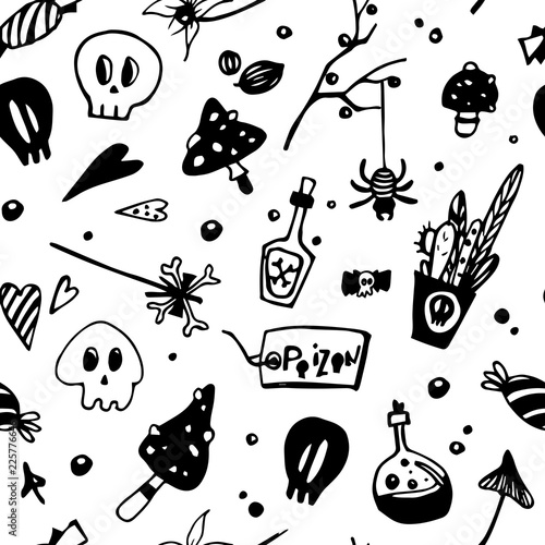 Halloween seamless black and white pattern with poisonous elements: spiders, skulls, mushrooms. Seamless background. Seamless pattern for children colouring