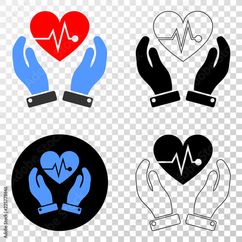 Heart surgery care hands EPS vector pictograph with contour, black and colored versions. Illustration style is flat iconic symbol on chess transparent background.