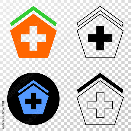 Hospital EPS vector pictograph with contour, black and colored versions. Illustration style is flat iconic symbol on chess transparent background.