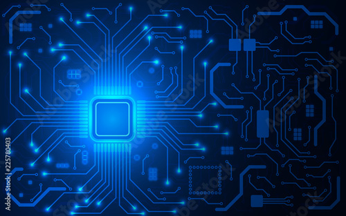 CPU chip and circuit board. Blue microprocessor background. Computer motherboard. Bright connections. Abstract light technological backdrop. Trendy vector illustration photo
