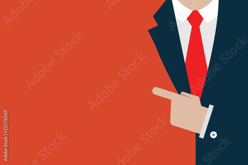 Flat design Vector Illustration Empty esp template copy text for Ad, promotion, poster, flyer, web banner, article. Man in Suit Presenting and Pointing Left Hand Index Finger on a Blank Board