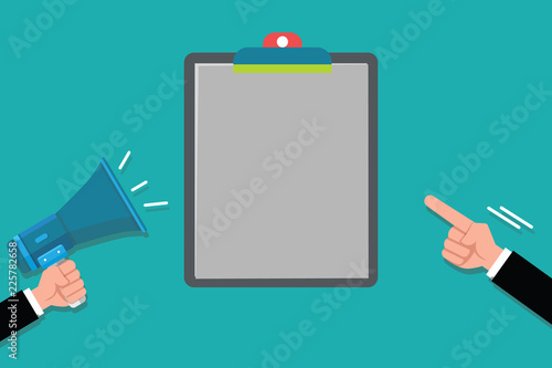 Flat design Vector Illustration Empty esp template copy text for Ad, promotion, poster, flyer, web banner, article. Two Human Hands Holding Megaphone another Pointing to a Blank Clipboard