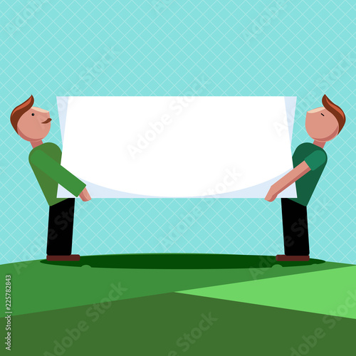 Flat design Vector Illustration Empty esp template copy text for Ad, promotion, poster, flyer, web banner, article. Two Men Standing Carrying Rectangular Blank Panel Board on Both Sides