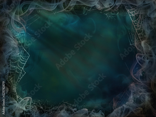 Magical background smoke and spider web for Halloween green blue light wall
