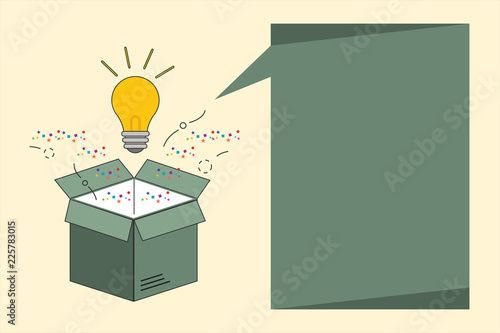 Flat design Vector Illustration Empty esp template copy text for Ad, promotion, poster, flyer, web banner, article. Bulb Glowing over Open Empty 3D Box and Blank Vertical Rectangle Bubble