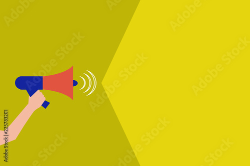 Flat design business Vector Illustration Empty copy space for Ad website promotion esp isolated Banner template. Human Hand Holding Megaphone with Sound Volume Effect icon Text Space
