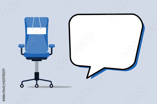 Flat design Vector Illustration Empty esp template copy text for Ad, promotion, poster, flyer, web banner, article. Empty Swivel Chair Facing Front with Arm Rest Blank Halftone Speech Bubble