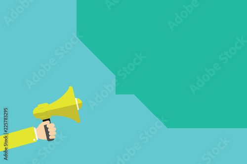 Flat design business Vector Illustration concept copy text for esp Web banners promotional material mock up template. Human Hand Holding Megaphone and Blank Geometric shape Half Speech Bubble