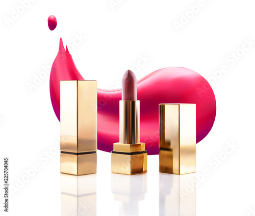 Lipstick cosmetic makeup mockup design. Vector 3d pink red golden color pomade tube and lipstick smudge smear. Beauty fashion women gold accessory. Sexy elegant glamour face makeup cosmetics.