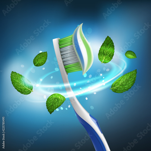 3D realistic isolated vector whirlwind of mint leaves around a toothbrush with extruded paste