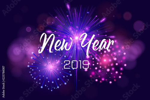 Happy New Year 2019 Illustration with Firework and White Number on Shiny Blue Background. Vector Holiday Design for Premium Greeting Card, Party Invitation or Promo Banner.