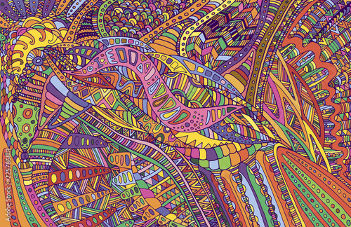 Fototapeta Psychodeliczny kolorowy surrealistyczny doodle wzór. Tęcza kolorów abstrakcyjny wzór, labirynt ornamentów. Wektorowa ręka rysująca ilustracja.