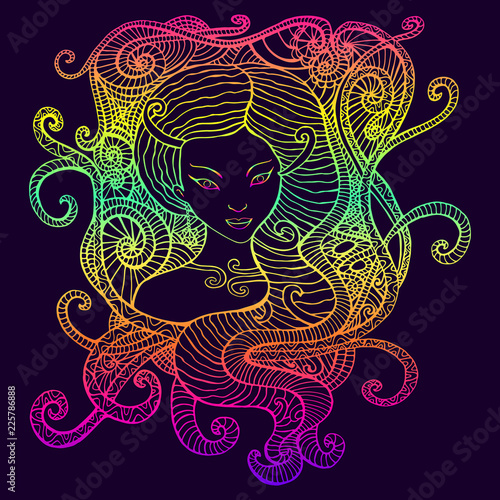 Psychedelic colorful woman, bright gradient outline. Surreal fantasy doodle artwork.