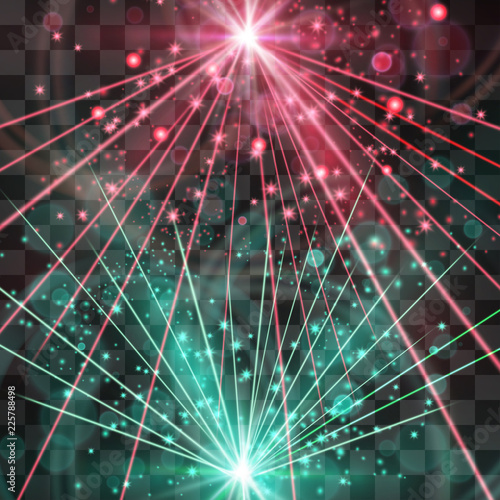 Strobing laser lights vector background. Dancing, club music event banner design, galactic illumination style. Technology, retro theme energy flashes, bright beams, futuristic illumination.
