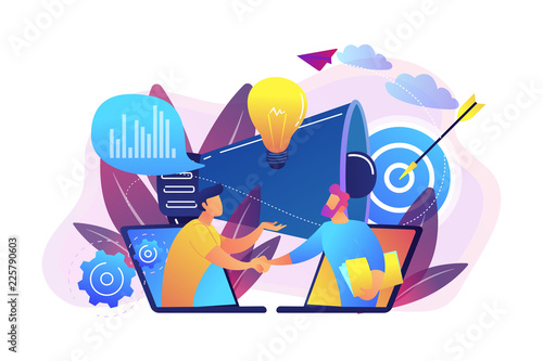Businessmen handshake from laptops and megaphone. Collaboration and communication, corporate and cooperative business concept on white background. Bright vibrant violet vector isolated illustration