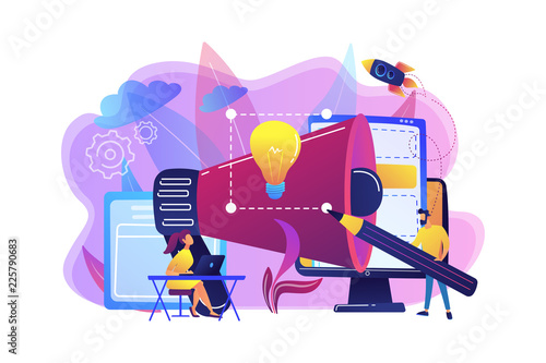 Designers work on new brand and big megaphone. Brand identity and logo, business card, advertisement and graphic design concept on white background. Bright vibrant violet vector isolated illustration