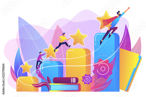 Businessmen climb growth column graph. Career and personality development, careerbuilder, career planning progress concept on white background. Bright vibrant violet vector isolated illustration