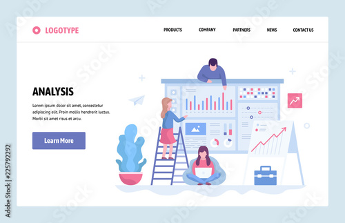 Vector web site linear art design template. Business team do data analysis using finance chart and dashboard. Landing page concepts for website and mobile development. Modern flat illustration.