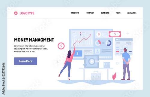 Vector web site linear art design template. Finance charts and diagrams. Landing page money management concepts for website and mobile development. Modern flat illustration.