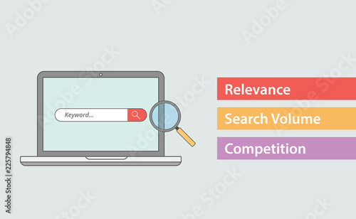 seo keyword attribute with three most important things like relevance search volume and competition