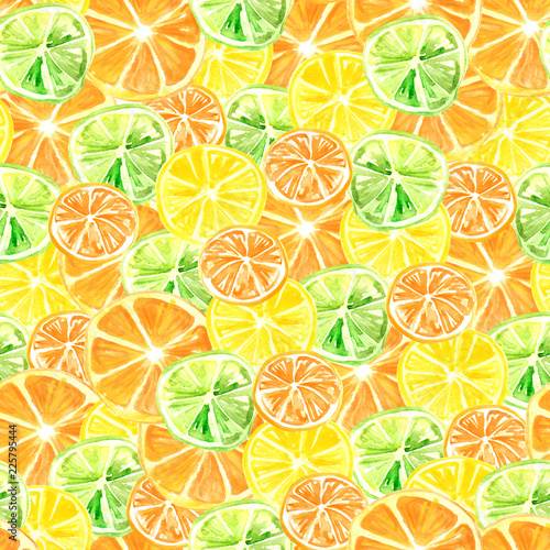 Vintage seamless pattern with watercolors - from tropical fruit, citrus spray, lemon, orange, lime, grapefruitpaint splash. Bright fashionable background. Citrus Tropical Fruit Watercolor