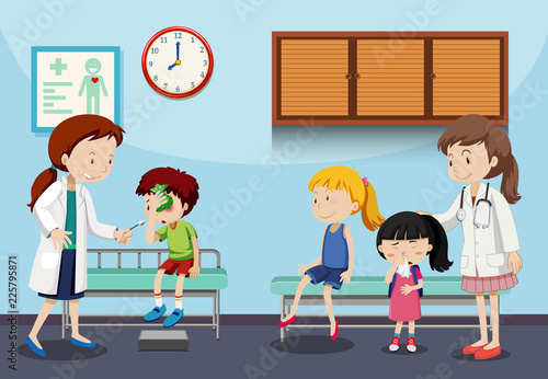 Children and doctors in clinic