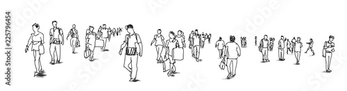 crowd of people walking ink sketch isolated on white background urban sketching panorama view