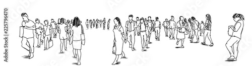 crowd of people walking ink sketch isolated on white background urban sketching panorama view