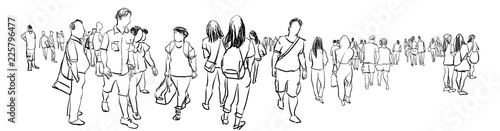 crowd of people walking ink sketch isolated on white background urban sketching panorama view