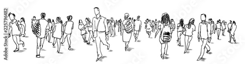 crowd of people walking ink sketch isolated on white background urban sketching panorama view photo