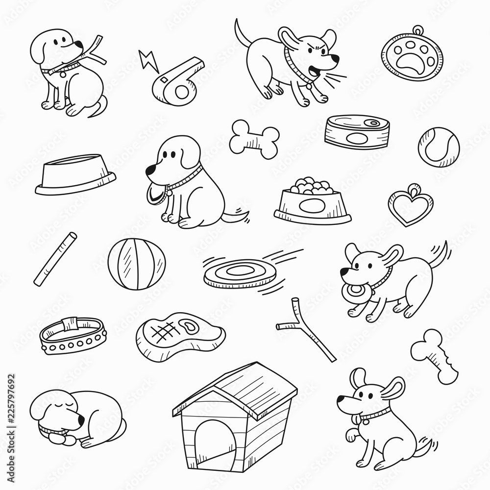 Cute cartoon dogs in lovely actions and playing with toys hand drawn style  for coloring book page and design element. Dogs pattern and background.  Vector illustration. Stock Vector | Adobe Stock