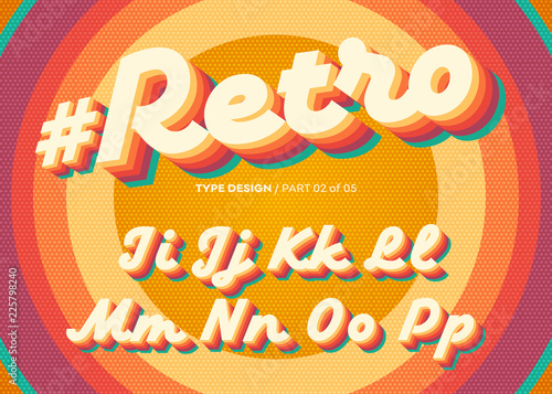 Vector Retro Alphabet Design. Vintage 3D Typeface with Colorful Rainbow Layers. Decorative Letters in 70s Style. Funky Typeset for Poster or Banner. Trendy Classic Cursive on Retro Circle Background.