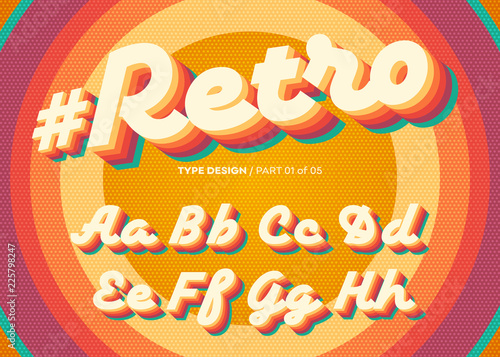 Vector Retro Alphabet Design. Vintage 3D Typeface with Colorful Rainbow Layers. Decorative Letters in 70s Style. Funky Typeset for Poster or Banner. Trendy Classic Cursive on Retro Circle Background.