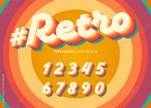 Vector Retro Alphabet Design. Vintage 3D Typeface with Colorful Rainbow Layers. Decorative Letters in 70s Style. Funky Typeset for Poster or Banner. Trendy Classic Cursive on Retro Circle Background.