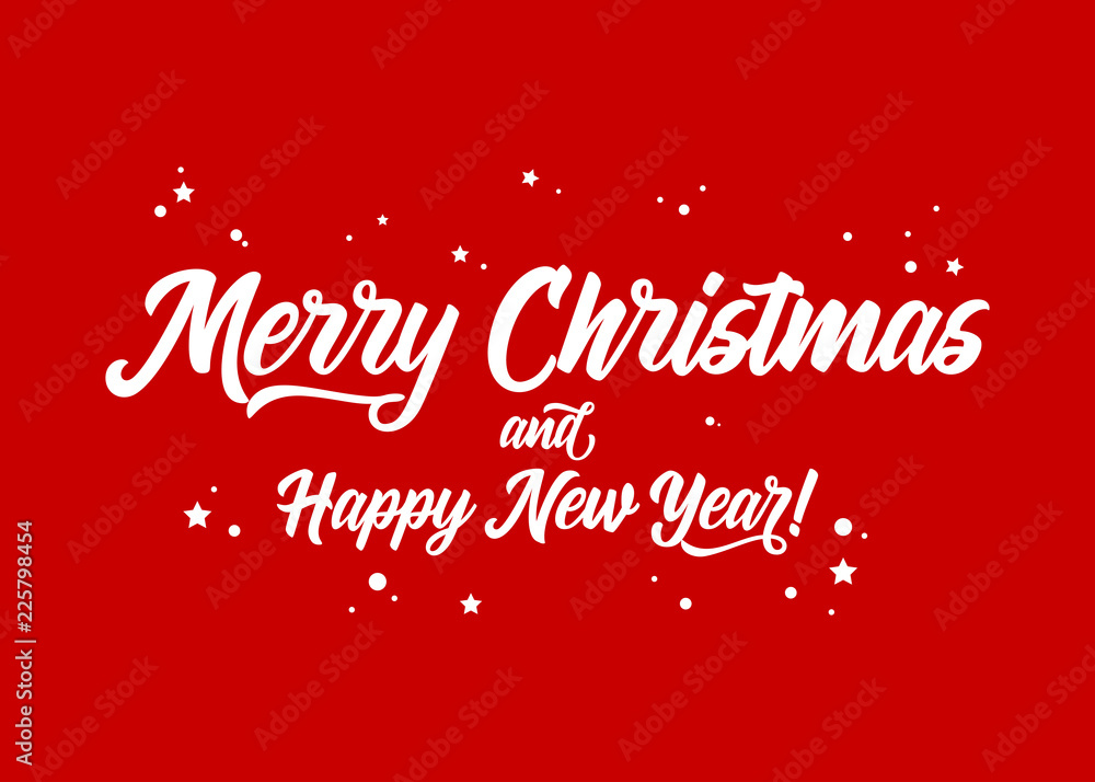 Merry Christmas and Happy New Year! Vector Holiday Template. Festive Red Background. Calligraphy Greeting Card. Text for Xmas Banner, Postcard, Event Invitation, Poster. Hand Drawn Lettering.